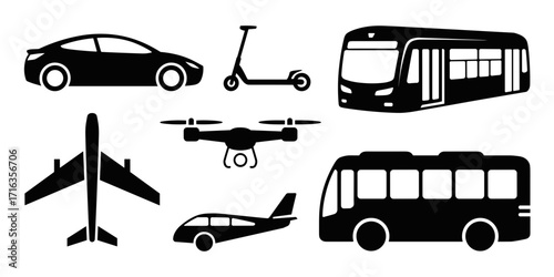 Black vector icons representing various modes of transportation: car, scooter, drone, bus and plane.