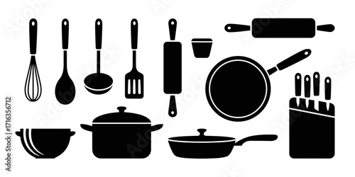 Vector set of kitchen utensils silhouettes: whisks, pans, knives, rolling pins and bowls.