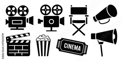A collection of vector icons representing the film industry. Includes a movie camera director's chair, a popcorn clapperboard, a megaphone, and a movie ticket.