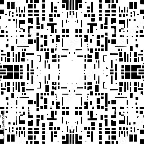 Abstract monochrome pattern featuring black rectangles and lines arranged symmetrically around a central void