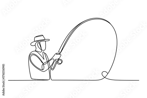 Continuous Line Drawing of Fisherman with Fishing Rod