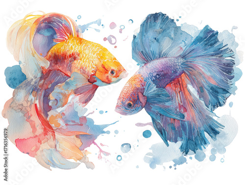Watercolor rendition of two vividly colored betta fish gracefully swimming on isolated transparent