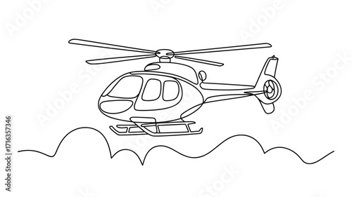 Helicopter Flying One Line Drawing Vector