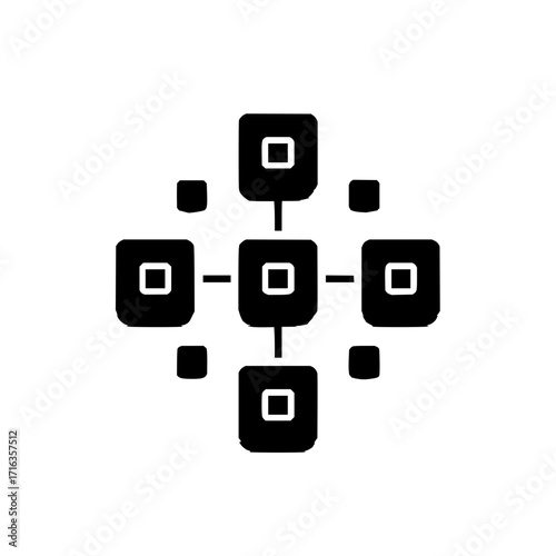 A simple black and white diagram of connected squares with smaller squares around the main structure
