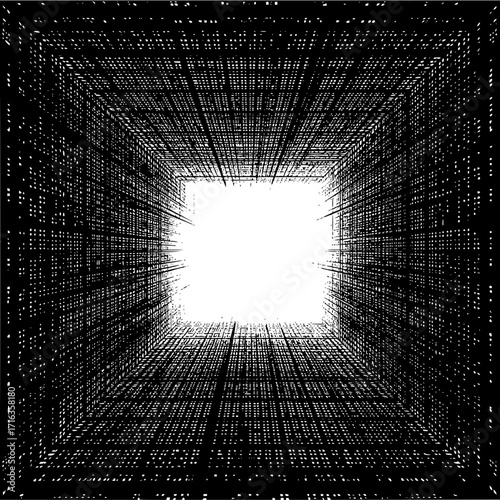 Abstract perspective view of a dark tunnel with a bright square light at the end of the structure