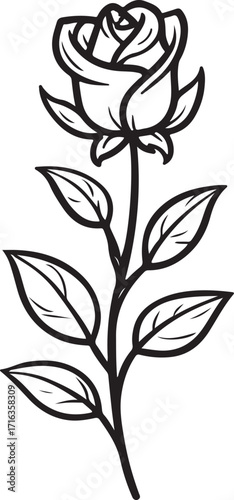 Elegant Black and White Rose Illustration Perfect for Botanical Designs and Minimalist Art Projects great for greetings cards