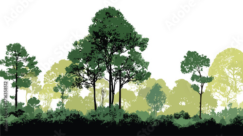 Ethereal Green Forest Trees Silhouette in Serene Natural Landscape