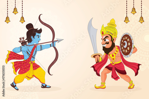 A cartoon scene from the Hindu epic Ramayana. The divine archer Lord Rama confronts a fierce Asura, symbolizing the core theme of the Dussehra festival.