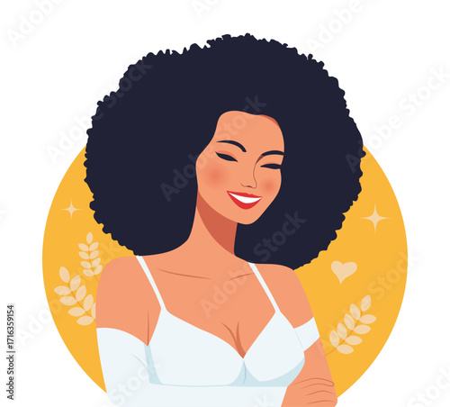 A young, happy African-American woman with lush black hair. Vector illustration