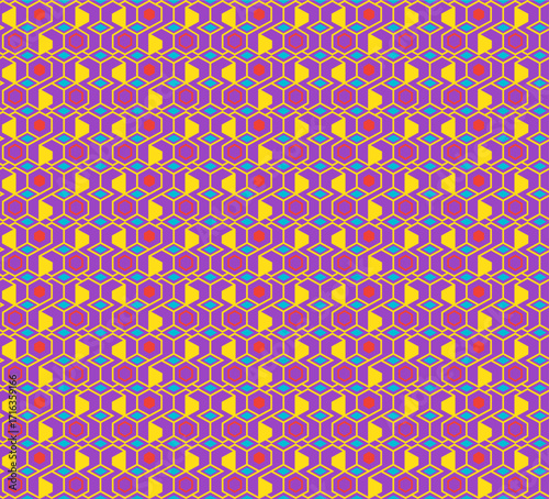 Abstract seamless geometric pattern with hexagon and diamond shapes in retro pop art style. Vector illustration