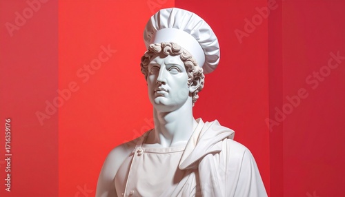 A Roman statue as a chef in a restaurant