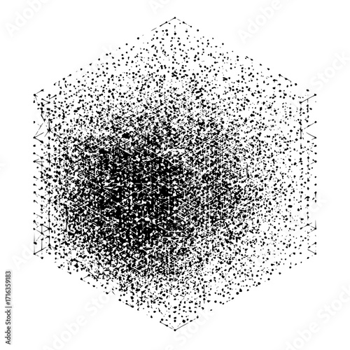 Abstract cube structure with dense black dots and connecting lines creating a complex three dimensional form