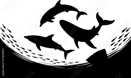 "Shark, Dolphin, and Fish Silhouette Collection"

"Ocean Life Vector Set – Marine Animal Silhouettes"

"Underwater Creatures: Shark, Dolphin & Fish Designs"