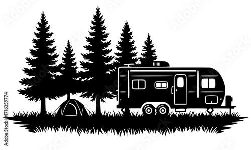 Camping scene with a travel trailer and tent under pine trees, camping svg, travel trailer svg, nature svg, pine tree svg