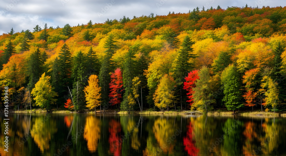 Obraz premium Colorful autumn hillside reflected in calm lake, panoramic fall treeline with vivid red, orange and yellow foliage