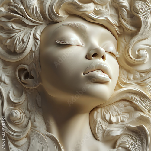 A 3D portrait, a close-up bas-relief of a woman in vanilla and beige tones. Decor for exhibition and presentation interiors for advertising women's products, a template for greeting and romantic cards