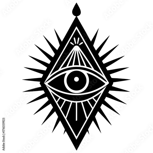 Black all seeing eye symbol with rays and diamond shape
