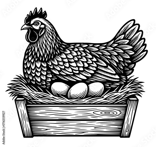 Chicken on a nest with eggs in a wooden crate, farm svg, hen svg, poultry svg, farming svg
