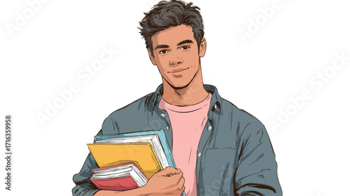 Cheerful Male Student Poses with Books in Vector Portrait Illustration
