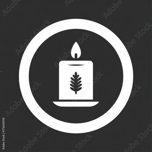 Minimalist candle and leaf icon, solid style, representing peace and nature in white and black on a black background with copy space