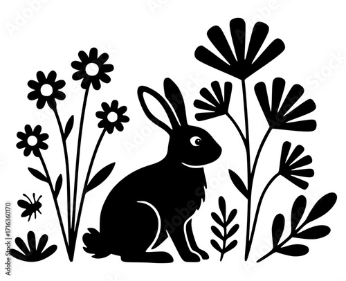 Rabbit sitting in a garden with flowers and insects, nature svg, spring svg, Easter svg, animal silhouette svg