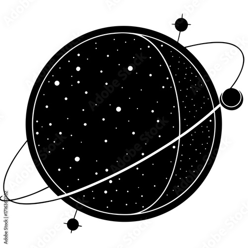 Black planet with white stars and orbiting moons space