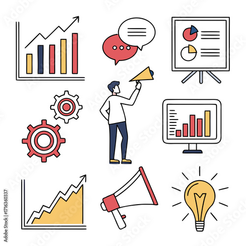 Business growth strategy concept with charts gears man with megaphone and lightbulb