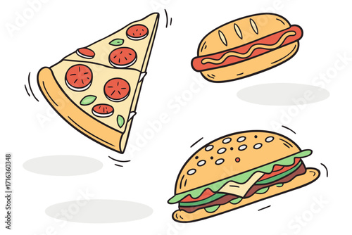 Cartoon illustration of floating pizza slice burger and hotdog