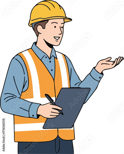 Vector illustration of construction worker with safety helmet and clipboard