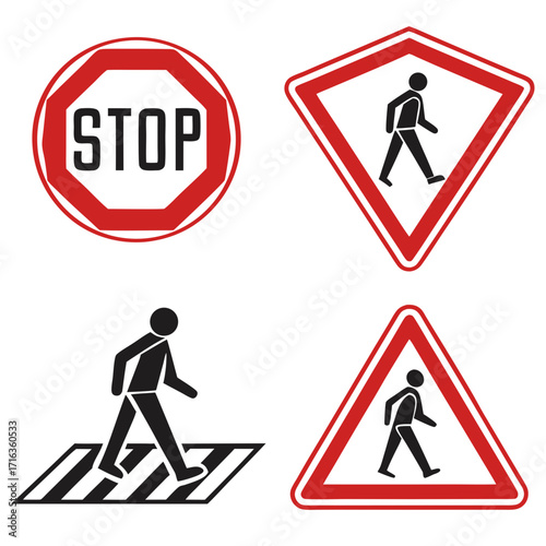 Collection of traffic signs including stop sign pedestrian crossing and warning signs for safety