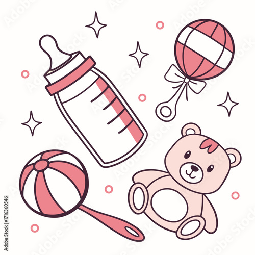 Cute cartoon baby bottle teddy bear and rattles with stars and circles on white background