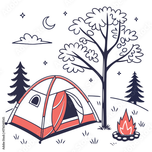 Cozy campsite scene with tent campfire moon and stars under a tree