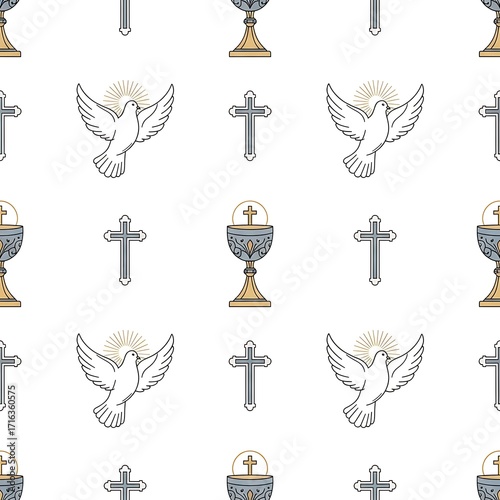 Seamless Pattern with Christian Religion Icons – Vector Illustration of Dove, Chalice, and Cross, Perfect for Wrapping Paper, Greeting Cards, and Religious Invitations
