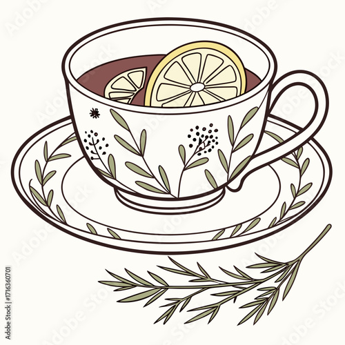 Delicate floral patterned teacup filled with dark tea and lemon slices with rosemary sprig