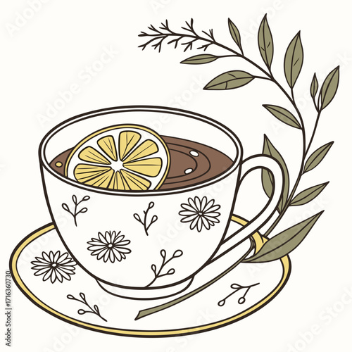 Delicate illustration of a teacup with a lemon slice and floral pattern on a saucer with a sprig of leaves