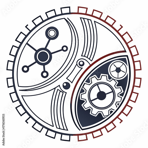 Intricate circular steampunk design featuring gears and a molecular structure in dark blue and red