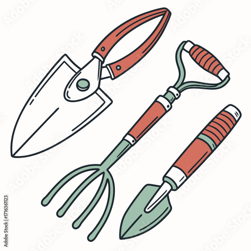 Set of hand drawn gardening tools including a trowel cultivator and pruning shears on a white background