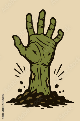 Zombie hand emerging from the ground in a spooky design for Halloween theme