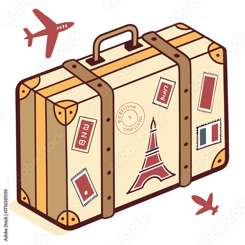 Vintage travel suitcase with eiffel tower and french flag stickers ready for a trip