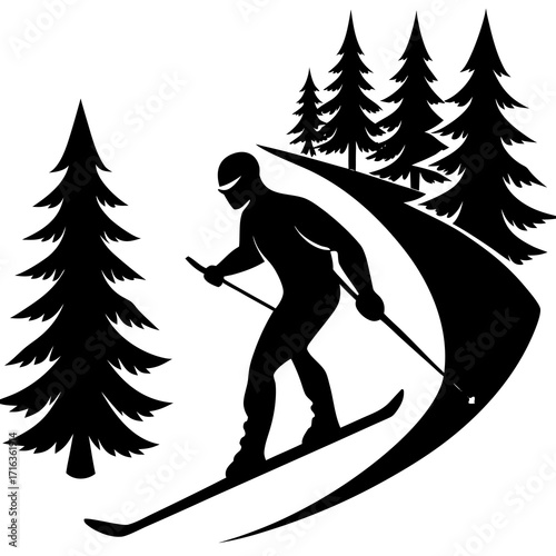 Black silhouette of skier descending snowy slope with pine trees