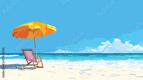 Sunny Beach Scene with Umbrella and Chair under Clear Blue Sky