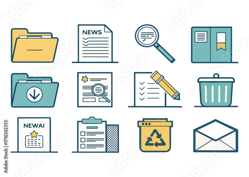 Set of colorful office and business icons representing file management information search and organizational tools for digital work and planning