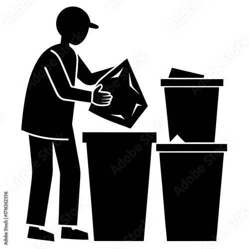 Person in cap throwing trash bag into bin garbage