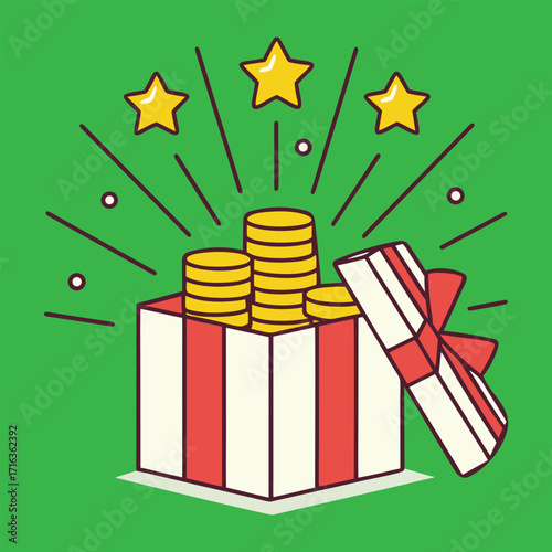 Festive gift box unveils golden coins and sparkles celebrating surprise and rewards