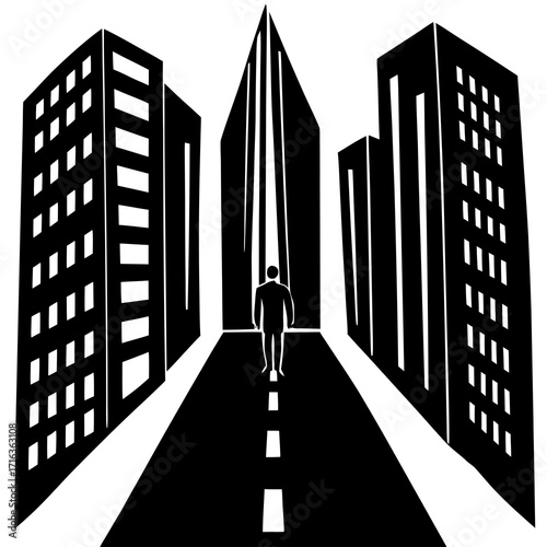 Silhouette man walking on road between buildings street