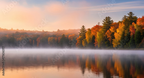Wallpaper Mural Misty Lake Sunrise Autumn's Gentle Embrace A Tranquil Morning Scene of Fall Colors Over Water A Serene Lakeside Landscape Nature's Palette at Dawn A Colorful Horizon Torontodigital.ca