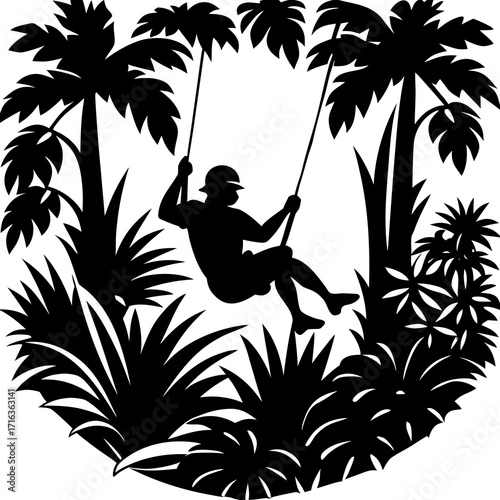 Silhouette of person on swing surrounded by tropical foliage