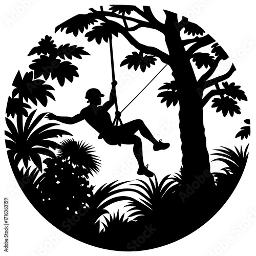 Silhouette of person on zipline in jungle adventure