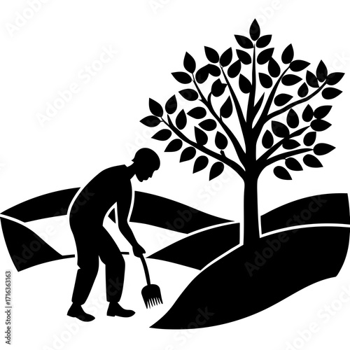 Silhouette of person raking near a tree on rolling hills
