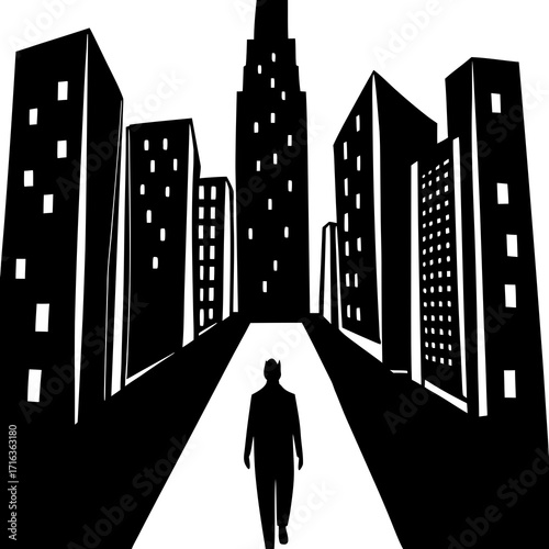 Silhouette of person walking down a street between tall buildings
